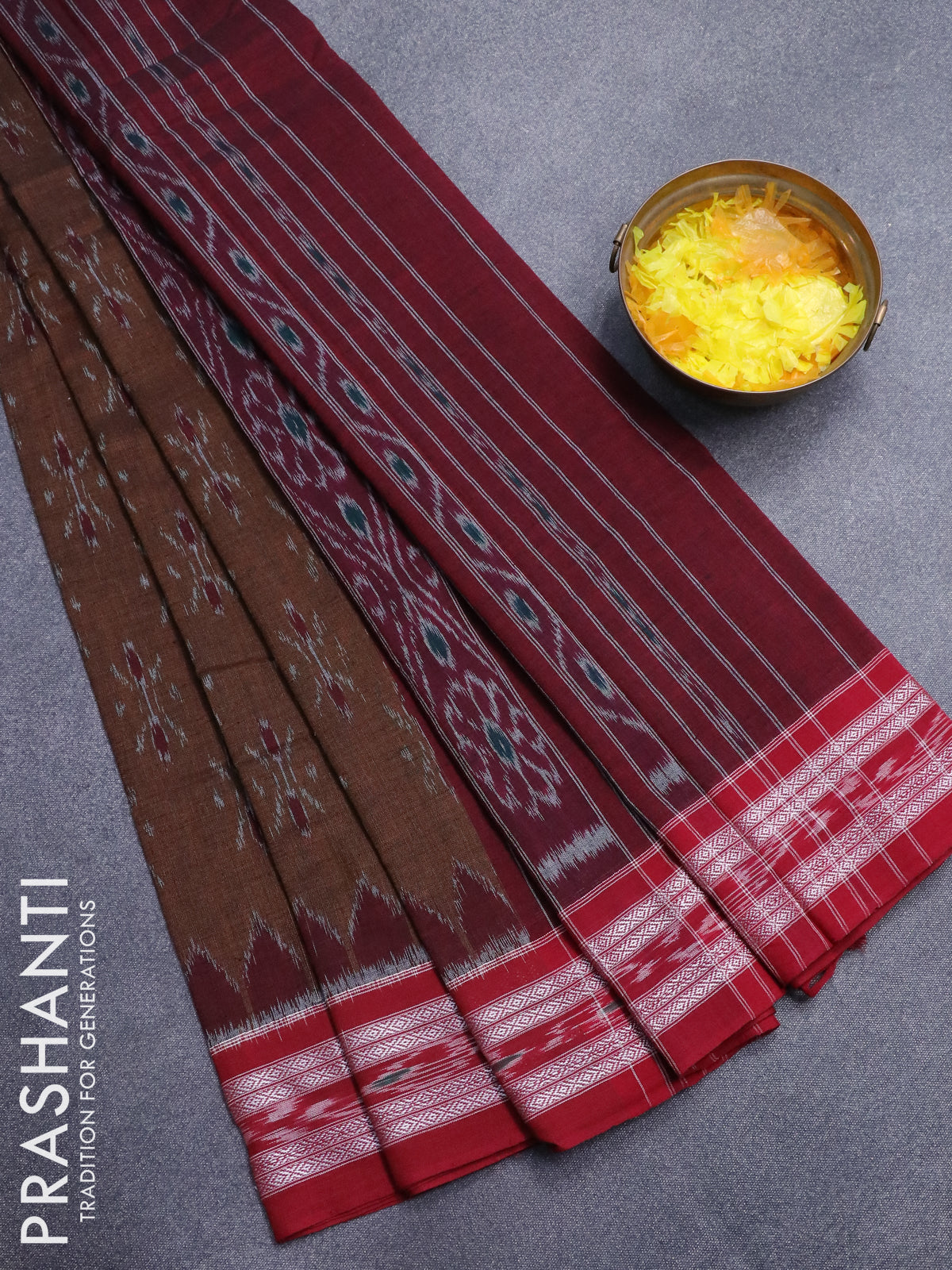 Ikat cotton saree brown and maroon with allover ikat butta weaves and –  Cherrypick